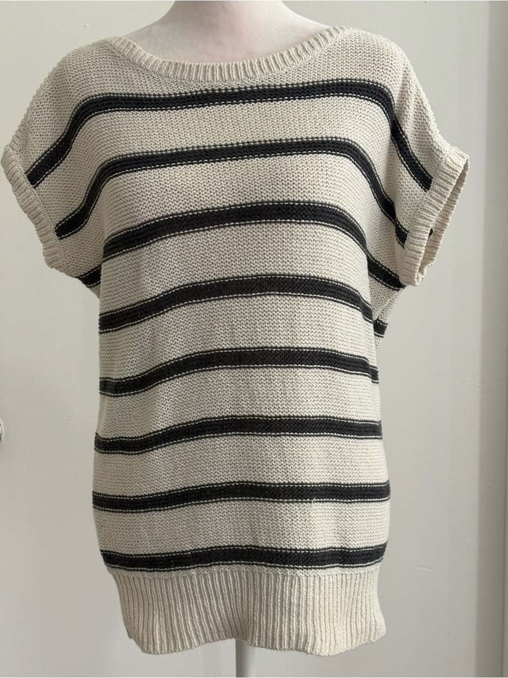 Lucky Brand Cream Navy Stripe Dolman Short Sleeve Knit Sweater M